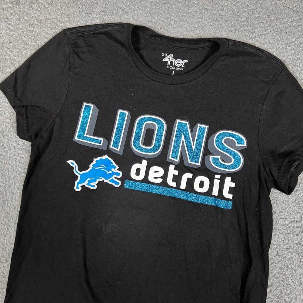 Detroit Lions T-Shirt Women Large Black Excellent Glitter Graphic